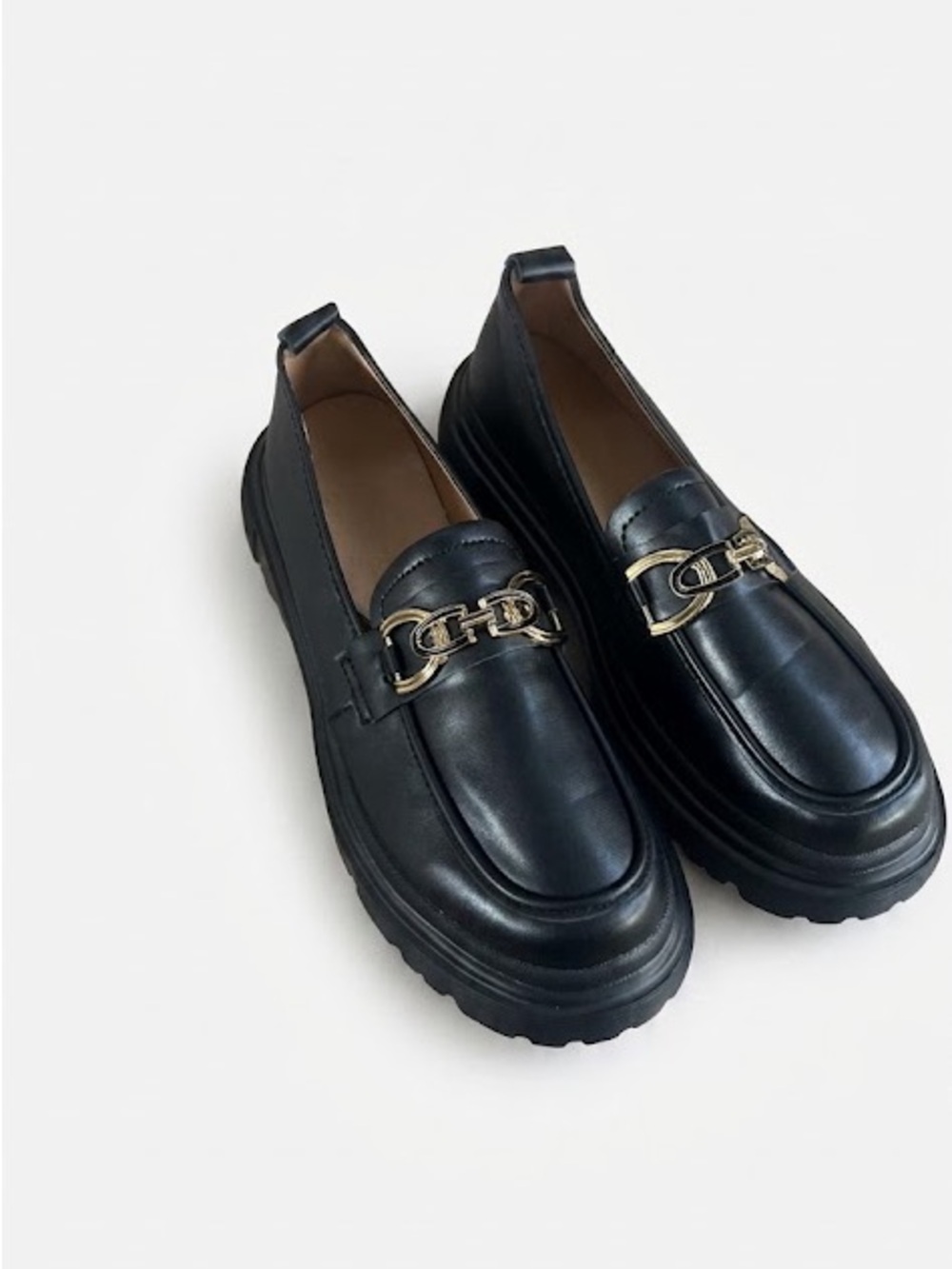 SHEIN Black Chunky Loafers with Gold Bit Detail